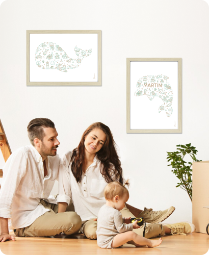 Illustration de la famille (mama, papa et bébé) dans une chambre avec une affiche décorative au mur